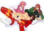  breasts censored crimson_smash femdom fingering glasses highres large_breasts leash pink_hair pussy_juice teacher thighhighs yukkuri yuri 