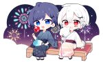  2boys :3 :d aerial_fireworks ahoge barcode barcode_tattoo black_kimono black_sandals blue_eyes blush_stickers candy_apple chibi chibi_only commentary_request cotton_candy double-parted_bangs fireworks food full_body hair_between_eyes hair_ornament hand_fan highres holding holding_candy_apple holding_cotton_candy holding_fan holding_food indie_utaite japanese_clothes kimono long_sleeves mafumafu male_focus multiple_boys open_mouth purple_hair red_eyes sandals shiroko_(purinkirin) short_hair sitting smile soraru tattoo utaite white_hair white_kimono wide_sleeves x_hair_ornament 