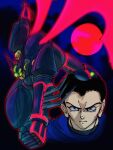  arm_blade black_hair commentary_request getter_robo getter_robo_arc glowing highres hirudoido horns ichimonji_gou ishikawa_ken_(style) looking_at_viewer mecha mecha_focus mecha_pilot_suit robot scarf science_fiction shin_getter_tarak short_hair spikes super_robot weapon wings yellow_eyes 