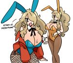  1girl absurdres animal_ears bare_shoulders blonde_hair blue_leotard breasts cleavage covered_navel detached_collar easter fake_animal_ears fishnets highres jacket large_breasts leotard long_hair murgoten orange_leotard original pantyhose playboy_bunny ponytail rabbit_ears red_jacket sidelocks solid_oval_eyes stella_(murgoten) sweat swedish_text wrist_cuffs 