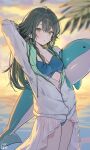  1girl aqua_bikini arm_behind_head bikini bikini_under_clothes breasts cleavage commentary_request gakuen_idolmaster green_eyes green_hair hair_flaps highres idolmaster inflatable_dolphin inflatable_toy jacket jacket_over_swimsuit long_hair looking_at_viewer medium_breasts ningen_mame outdoors palm_leaf revision signature solo sunset swimsuit tsukimura_temari two-sided_fabric two-sided_jacket very_long_hair white_jacket 