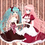  :d aqua_eyes aqua_hair bow corset dress hair_bow hatsune_miku highres holding_hands interlocked_fingers long_hair looking_back megurine_luka multiple_girls nail_polish open_mouth pink_hair smile striped striped_background twintails vertical-striped_background vertical_stripes very_long_hair vocaloid yunca 