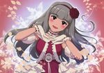  1girl :d annindoufu_(oicon) bangs blunt_bangs blush choker dress female flower frilled_dress frills gloves grey_hair hair_flower hair_ornament hairband hands_on_own_chest head_tilt highres idolmaster long_hair looking_at_viewer open_mouth red_eyes red_rose rose shijou_takane smile solo strapless_dress uniform wallpaper white_gloves 