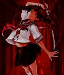  arm_up blood blood_on_face blood_stain bloody_clothes brown_hair holding holding_sword holding_weapon katana kneehighs looking_at_viewer midriff neckerchief outstretched_arm parted_lips pleated_skirt red red_background red_eyes school_uniform serafuku siren siren_2 skirt sword tcb twintails weapon white_legwear yagura_ichiko 