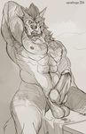  abs animal_genitalia anthro balls biceps big_balls big_muscles canine canine_penis erection fangs hairy knot looking_at_viewer low_hangers male mammal monochrome muscles navel nipples nude pecs penis pose precum reclining sheath sitting sketch solo were werethrope werewolf 