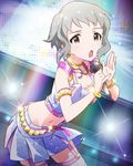  :o armlet artist_request bracelet choker crop_top grey_hair idolmaster idolmaster_million_live! jewelry looking_at_viewer makabe_mizuki microphone million_dreams music navel necklace official_art short_hair singing skirt stage_lights yellow_eyes 