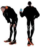  1boy alternate_costume arm_up black_hair black_hoodie black_leggings black_shoes bottle chuu_ni commentary_request dark-skinned_male dark_skin drawstring fang hand_on_own_hip hands_on_own_knees holding holding_bottle hood hoodie leaning_forward leggings long_sleeves looking_back looking_to_the_side male_focus multiple_views orange_hoodie pokemon pokemon_sword_and_shield raihan_(pokemon) shoes short_hair sideways_glance skin_fang sneakers spiked_hair two-sided_hoodie undercut water_bottle 