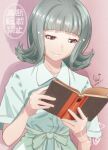  1girl aqua_dress book brown_eyes collarbone commentary_request dress grey_hair highres holding holding_book huumoon monogatari_(series) nademonogatari oikura_sodachi pink_background portrait reading short_hair simple_background solo 