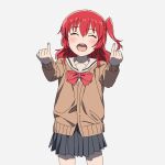  1girl bocchi_the_rock! cardigan closed_eyes commentary_request highres kita_ikuyo long_hair onsen_tamago_(hs_egg) open_mouth pinky_out pleated_skirt red_hair red_ribbon ribbon school_uniform shuka_high_school_uniform side_ponytail skirt smile solo white_background 