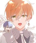  2boys aoyagi_touya blonde_streaks blue_hair choppy_bangs commentary ear_piercing earrings gloves green_eyes grey_eyes grey_jacket hair_between_eyes heart_piercing highres holding holding_mini_person jacket jewelry looking_at_another male_focus mini_person miniboy monocle multicolored_hair multiple_boys open_mouth orange_hair philosophia piercing project_sekai shinonome_akito short_hair simple_background single_earring split-color_hair streaked_hair two-tone_hair untranslatable_commentary white_background white_gloves 