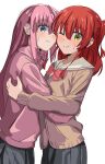  2girls absurdres blush bocchi_the_rock! brown_sailor_collar brown_shirt gotoh_hitori grey_skirt highres hug jacket kita_ikuyo long_hair looking_at_viewer multiple_girls one_eye_closed pink_hair pink_jacket pink_track_suit red_hair ryoo_0526 sailor_collar school_uniform shirt shuka_high_school_uniform side_ponytail simple_background skirt sweatdrop track_suit white_background yuri 