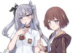  2girls alternate_costume anya_melfissa asymmetrical_hair black_choker black_ribbon blonde_streaks blunt_bangs braid braided_bangs brown_hair brown_jacket choker closed_mouth collared_shirt commentary commentary_request cone_hair_bun double-parted_bangs double_bun dress_shirt drink drinking drinking_straw drinking_straw_in_mouth eating food grey_eyes grey_hair hair_behind_ear hair_bun hair_ornament hair_ribbon hairclip hand_up holding holding_drink holding_food hololive hololive_indonesia hood hood_down hooded_jacket indonesian_commentary indonesian_high_school_uniform jacket long_hair long_sleeves looking_at_viewer multicolored_hair multiple_girls necktie open_clothes open_jacket purple_eyes ribbon school_uniform shirt short_hair short_sleeves simple_background streaked_hair sundajin_asagi two-tone_hair two_side_up upper_body vestia_zeta virtual_youtuber white_background white_shirt 