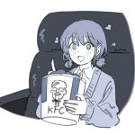  1girl :d bucket_of_chicken cardigan chicken_(food) colonel_sanders food fried_chicken girls_band_cry iseri_nina kfc low_twintails monochrome onsen_tamago_(hs_egg) shirt short_twintails sitting smile twintails white_background white_shirt 