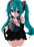  akira_ry0 aqua_eyes bad_id bad_pixiv_id detached_sleeves finger_to_mouth green_hair hatsune_miku highres long_hair necktie no_panties seiza shushing sitting skirt smile solo twintails very_long_hair vocaloid white_background 