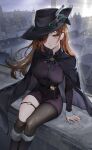  1girl asymmetrical_legwear black_hat breasts brown_eyes brown_hair character_request commentary commission copyright_request hair_over_one_eye hat hat_feather highres long_hair long_sleeves o-ring o-ring_thigh_strap sakichka single_leg_pantyhose solo thigh_strap twitter_username 