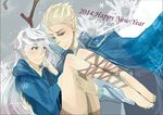  1boy 1girl barefoot blush carrying crossover elsa_(frozen) frozen_(disney) genderswap jack_frost_(rise_of_the_guardians) princess_carry rise_of_the_guardians smile snow snowflake_print white_hair 