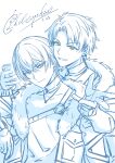  2boys absurdres aoyagi_touya artist_name blue_theme closed_mouth commentary_request crossed_bangs fur-trimmed_jacket fur_trim green_eyes grey_eyes hair_between_eyes hand_up highres jacket jewelry looking_at_viewer male_focus monochrome multiple_boys necklace open_clothes open_jacket parted_lips philosophia project_sekai shinonome_akito short_hair simple_background sketch smile spot_color white_background 