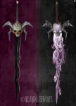  3d absurdres commentary energy english_commentary glowing glowing_sword glowing_weapon grey_background highres infernauta legacy_of_kain long_sword magic no_humans object_focus purple_background runes skull soul_reaver_(sword) sword weapon web_address 
