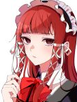  1girl bow closed_mouth commentary_request expressionless eyelashes hair_ornament highres long_hair looking_at_viewer maid_headdress parin802 persona persona_3 red_bow red_eyes red_hair sidelocks simple_background solo upper_body white_background x_hair_ornament yoshino_chidori 
