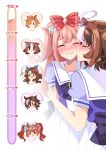  6+girls agnes_digital_(umamusume) ahoge animal_ears artist_name blush bow bowtie brown_hair chibi chibi_inset closed_eyes commentary daiwa_scarlet_(umamusume) english_commentary flipped_hair hair_bow head_only highres horse_ears horse_girl horseshoe_ornament king_halo_(umamusume) kiss kiss_meter_(meme) kissing_cheek long_hair medium_hair meisho_doto_(umamusume) meme multicolored_hair multiple_girls nijiellie pink_hair pleated_skirt purple_bow purple_bowtie red_bow school_uniform serafuku simple_background skirt streaked_hair summer_uniform t.m._opera_o_(umamusume) tracen_school_uniform two_side_up umamusume vodka_(umamusume) watermark wavy_mouth white_background white_skirt white_streaks yuri 
