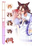  6+girls agnes_digital_(umamusume) animal_ears blood blush bow bowtie brown_hair carrying chibi chibi_inset closed_eyes commentary daiwa_scarlet_(umamusume) ear_ornament english_commentary flag flipped_hair hair_bow hair_over_one_eye head_only highres horse_ears horse_girl horse_tail horseshoe_ornament king_halo_(umamusume) kiss kiss_meter_(meme) kissing_cheek long_hair meisho_doto_(umamusume) meme multiple_girls nijiellie nosebleed pink_hair pleated_skirt ponytail princess_carry purple_bow purple_bowtie red_bow school_uniform simple_background skirt t.m._opera_o_(umamusume) tail thighhighs tracen_school_uniform two_side_up umamusume vodka_(umamusume) white_background white_flag white_skirt white_thighhighs yuri 