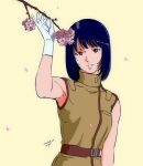  1girl aeug artist_name belt black_hair blue_eyes breasts commentary_request dated fa_yuiry flower gloves gundam highres holding holding_flower looking_at_viewer military_uniform open_mouth pgmajimaji pink_flower science_fiction short_hair signature simple_background sleeveless smile solo upper_body white_gloves yellow_background zeta_gundam 