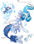  1other absurdres blue_eyes blue_hair evolutionary_line full_body furry hair_ornament highres karmaho long_hair official_art_inset open_mouth pearl_hair_ornament pink_nose pokemon pokemon_(creature) pokemon_focus popplio primarina sea_lion simple_background smile snout starfish_hair_ornament tail very_long_hair water 