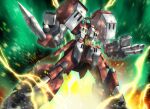  absurdres alteisen armor clenched_hands commentary_request green_eyes gun highres horns kainansang lightning mecha mecha_focus no_humans pile_bunker red_armor robot science_fiction single_horn solo standing super_robot_wars super_robot_wars_original_generation weapon 