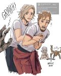  1boy 1other 2girls absurdres alien beard blonde_hair casual child emily_(resident_evil) facial_hair grace_ashcroft highres matomai messy_hair multiple_girls project_hail_mary resident_evil resident_evil_requiem rocky_(project_hail_mary) ryland_grace stubble zombie 