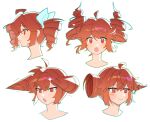  1girl absurdres alternate_hairstyle aqua_bow bow closed_mouth commentary drill_hair flat_fish990 from_side hair_bow highres kasane_teto looking_at_viewer multiple_views open_mouth portrait profile red_eyes red_hair short_hair sidelocks smile solo sparkle twin_drills untranslatable_commentary utau 