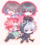  1girl 3boys black_cloak black_hair black_pants black_shoes blush bright_pupils brown_hair cardigan chain chain_necklace chibi chibi_only cloak closed_eyes closed_mouth commentary_request dot_mouth ear_piercing earrings expressionless flask formal_clothes full_body gradient_outline green_cardigan green_eyes grey_eyes grey_hair hitani_(mitsudomoe_koubou) holding holding_flask holding_scythe hood hood_up hooded_cloak izumi_(mitsudomoe_koubou) jacket jewelry knees_up kuchinashi_dabi lapels looking_at_viewer mimi_utlove mitsudomoe_koubou_(series) multicolored_hair multiple_boys necklace orange_outline oshi_no_tachiba_ga_irekawaru oshi_no_taisetsuna_hito_ni_narikawaru outline pants piercing pink_cardigan red_eyes red_hair red_outline sample_watermark scythe sharp_teeth shirt shoes simple_background sitting striped_clothes striped_shirt suit_jacket teeth tonimura_yui twintails two-tone_hair untucked_shirt watermark white_background 