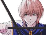  1boy bishounen blue_tabard brown_hair closed_mouth commentary_request earrings green_eyes highres holding holding_sword holding_weapon hunter_x_hunter jewelry korean_commentary kurapika male_focus portrait rip1208 shirt single_earring sword tabard weapon white_shirt wooden_sword 