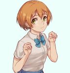  1girl blue_ribbon blue_skirt brown_eyes brown_hair commentary english_commentary hoshizora_rin light_blush looking_to_the_side love_live! love_live!_school_idol_project neck_ribbon otonokizaka_school_uniform paw_pose ribbon school_uniform shirt short_hair skirt smile solo summer_uniform toadsterz white_background white_shirt 