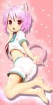  absurdres animal_ears barefoot cat_ears cat_tail crop_top crop_top_overhang feet full_body hand_on_own_cheek highres kantai_collection kemonomimi_mode looking_at_viewer looking_back midriff neckerchief open_mouth pink_background polka_dot polka_dot_background purple_hair red_eyes school_uniform serafuku shiny shiny_skin shiron_(e1na1e2lu2ne3ru3) short_hair short_sleeves shorts solo tail tama_(kantai_collection) 