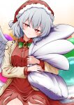  1girl adapted_costume blush bow bowtie breasts closed_mouth collared_dress commentary_request commission dress feathered_wings fur-trimmed_headwear fur_trim green_bow green_bowtie grey_hair grey_wings hat highres jacket kishin_sagume long_sleeves looking_at_viewer medium_breasts medium_hair open_clothes open_jacket red_dress red_eyes red_hat santa_costume santa_dress scavia10 signature single_wing sitting skeb_commission smile solo touhou wings yellow_jacket 