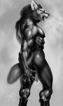  ass dated extra_nipples from_behind furry greyscale looking_back male_focus monochrome muscle open_mouth original po-ju revision sharp_teeth signature solo standing tail teeth wolf 