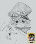  1girl black_nails bonbli eyelashes goggles goggles_on_headwear gunko heterochromia highres looking_at_viewer mask monochrome mouth_mask official_art_inset one_piece pointing pointing_at_viewer portrait rogatywka short_hair sketch 