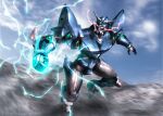  absurdres arm_blade clenched_hand commentary electricity glowing glowing_eyes highres kainansang mecha mecha_focus no_humans red_eyes robot science_fiction solo soulgain standing super_robot super_robot_wars super_robot_wars_original_generation v-fin weapon 