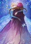  anna_(frozen) braid cloak closed_eyes dress elsa_(frozen) frozen_(disney) highres hug multiple_girls saberiii siblings sisters snowflakes sparkle tears twin_braids 