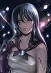  battle black_hair blue_eyes breasts brooch choujikuu_yousai_macross earrings elbow_gloves explosion eyebrows gloves highres jewelry lips long_hair lynn_minmay macross macross:_do_you_remember_love? medium_breasts microphone orion-m pinky_out realistic science_fiction solo songstress space 
