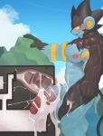 absurd_res after_sex anthro balls big_penis black_body black_fur blue_body blue_eyes blush bodily_fluids body_worship cum cum_inside destruction excessive_cum excessive_genital_fluids facility felid flooding fur generation_4_pokemon genital_fluids genitals glans grin half-erect hi_res huge_penis humanoid_genitalia humanoid_penis hyper hyper_genitalia hyper_penis internal luxray machine macro male mammal milking_machine muscular muscular_anthro muscular_male namutree nintendo nipples pecs penetrable_sex_toy penile penis penis_milking pokemon pokemon_(species) sex_toy smile solo thick_penis yellow_eyes