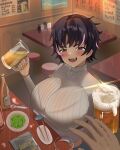  1girl arata_(artist) beer_bottle beer_mug black_hair blush bon_(vtuber) bottle_opener breasts chopsticks commentary cup earrings fangs fish_skeleton_earrings food froth grey_eyes highres holding holding_cup indie_virtual_youtuber jewelry large_breasts mug multicolored_hair open_mouth pink_hair ribbed_shirt shirt short_hair streaked_hair virtual_youtuber 