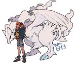  1boy arms_up black_hair black_hoodie black_shoes chuu_ni claws closed_mouth commentary_request dark-skinned_male dark_skin headband hood hood_down hoodie long_sleeves male_focus orange_headband orange_hoodie pokemon pokemon_sword_and_shield profile raihan_(pokemon) shoes short_hair shorts simple_background smile spiked_hair standing two-sided_hoodie white_background wings 