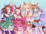  +_+ 4girls absurdres ahoge almond_eye_(the_changer)_(umamusume) almond_eye_(umamusume) animal_ears arm_up armpits ascot bandeau bare_shoulders black_gloves black_thighhighs blonde_hair blue_eyes blue_gloves blush bow bow_hairband braid braided_sidelocks breasts brown_hair buttons camellia_(camel_mal) checkered_collar cleavage closed_mouth coat collarbone colored_inner_hair curtained_hair detached_sleeves double-breasted dress ear_bow ear_covers ear_ribbon fingerless_gloves frilled_thighhighs frills fusaichi_pandora_(assorted_cuteness)_(umamusume) fusaichi_pandora_(umamusume) gloves green_bow green_dress hair_between_eyes hair_ornament hairband hairclip highres horse_ears horse_girl horse_tail kawakami_princess_(princess_of_pink)_(umamusume) kawakami_princess_(umamusume) king_halo_(king_of_emeralds)_(umamusume) king_halo_(umamusume) large_breasts long_hair looking_at_viewer medium_breasts midriff multicolored_hair multiple_girls navel off-shoulder_coat off-shoulder_dress off_shoulder one_eye_closed open_mouth pink_ascot pink_dress pink_sleeves red_button red_eyes see-through_clothes see-through_sleeves sidelocks skirt sleeveless sleeveless_dress smile symbol-shaped_pupils tail thighhighs twintails umamusume waving white_bandeau white_hairband white_thighhighs x-shaped_pupils yellow_tail 