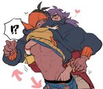 !? 2boys abs arrow_(symbol) bara bare_pectorals black_hair black_male_underwear blue_eyes blush chuu_ni closed_eyes coat commentary_request cowboy_shot dark-skinned_male dark_skin drawstring dynamax_band grey_pants groin groping hand_in_another's_pants headband heart hood hood_down hoodie leon_(pokemon) long_sleeves looking_down male_focus male_underwear male_underwear_peek multiple_boys nervous_sweating nipples orange_headband orange_hoodie pants parted_bangs pectorals pokemon pokemon_sword_and_shield purple_hair raihan_(pokemon) red_coat short_hair speech_bubble spiked_hair spoken_interrobang sweat tailcoat two-sided_hoodie underwear white_background yaoi 