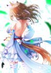  1girl almond_eye_(the_changer)_(umamusume) almond_eye_(umamusume) animal_ears backless_dress backless_outfit bare_shoulders blue_gloves bow_hairband braid braided_sidelocks breasts brown_hair colored_inner_hair commentary_request detached_sleeves dress fingerless_gloves from_behind gloves hairband highres horse_ears horse_girl horse_tail kentan_(kingtaiki) large_breasts long_hair multicolored_hair sidelocks solo tail thighhighs umamusume white_hairband white_thighhighs 