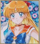  1girl aino_minako bishoujo_senshi_sailor_moon blonde_hair blue_background blue_bow blue_eyes blush bow breasts brooch chikoto_(kztc4472) choker circle cleavage closed_mouth collarbone commentary earrings elbow_gloves eyelashes gem gloves gold_tiara hair_bow hand_up highres jewelry leotard long_hair looking_at_viewer magical_girl medium_breasts orange_choker orange_gem orange_sailor_collar photo_(medium) picture_frame red_bow sailor_collar sailor_senshi_uniform sailor_venus short_sleeves smile solo straight-on tiara traditional_media upper_body white_gloves white_leotard yellow_gem 