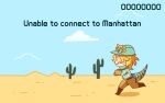  1boy aqua_helmet argyle_clothes argyle_sweater bandaid blonde_hair cactus chibi desert diego_brando dino_(google_chrome) dinosaur dinosaur_boy dinosaur_tail english_text fang gameplay_mechanics google_chrome hat helmet jodhpurs jojo_no_kimyou_na_bouken lizard_tail luminous_slime pants running scary_monsters_(stand) stand_(jojo) steel_ball_run sweater tail turtleneck 