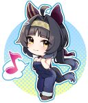  1girl ahoge animal_ears bare_arms bare_shoulders black_hair blush breasts brown_eyes brown_hairband brown_shoes chibi cleavage closed_mouth commentary_request eighth_note full_body hair_intakes hairband halftone halftone_background hands_up highres horse_ears horse_girl horse_tail logotype_(umamusume) long_hair medium_breasts musical_note naked_overalls outline overalls partial_commentary ponytail shoes smile solo spoken_musical_note standing tail umamusume very_long_hair warashi white_outline 