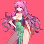  breasts china_dress chinese_clothes cleavage collarbone double_bun dress eyelashes hand_on_hip large_breasts long_hair pink_background purple_eyes purple_hair ranma_1/2 seoji shampoo_(ranma_1/2) solo 